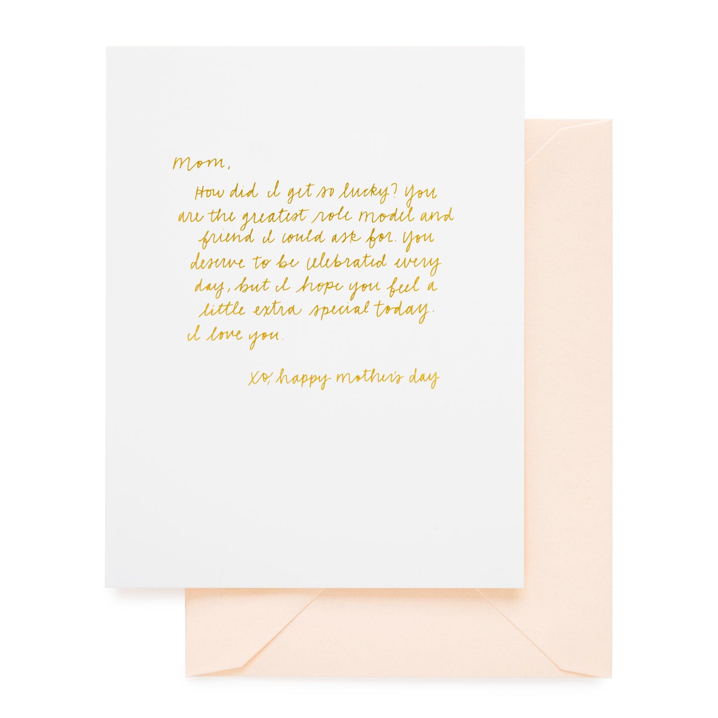 white card with gold text, pale pink envelope