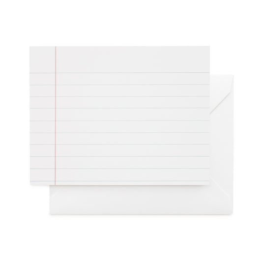 white card with rose and blue notebook paper lines, white envelope