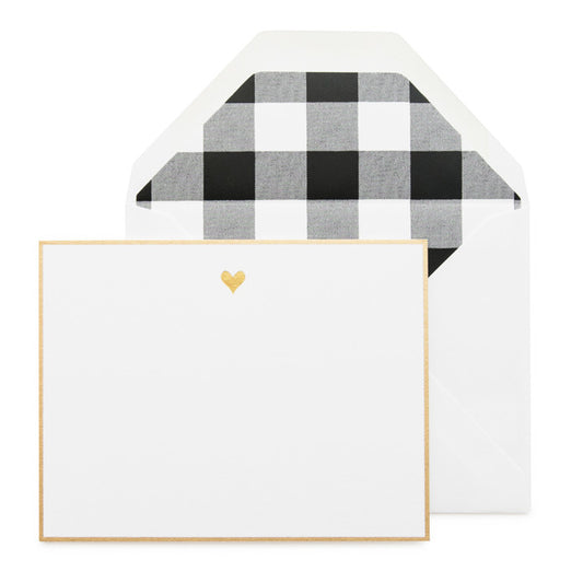 Gold Bordered Flat Note Card Set with gold heart and black buffalo check liner.