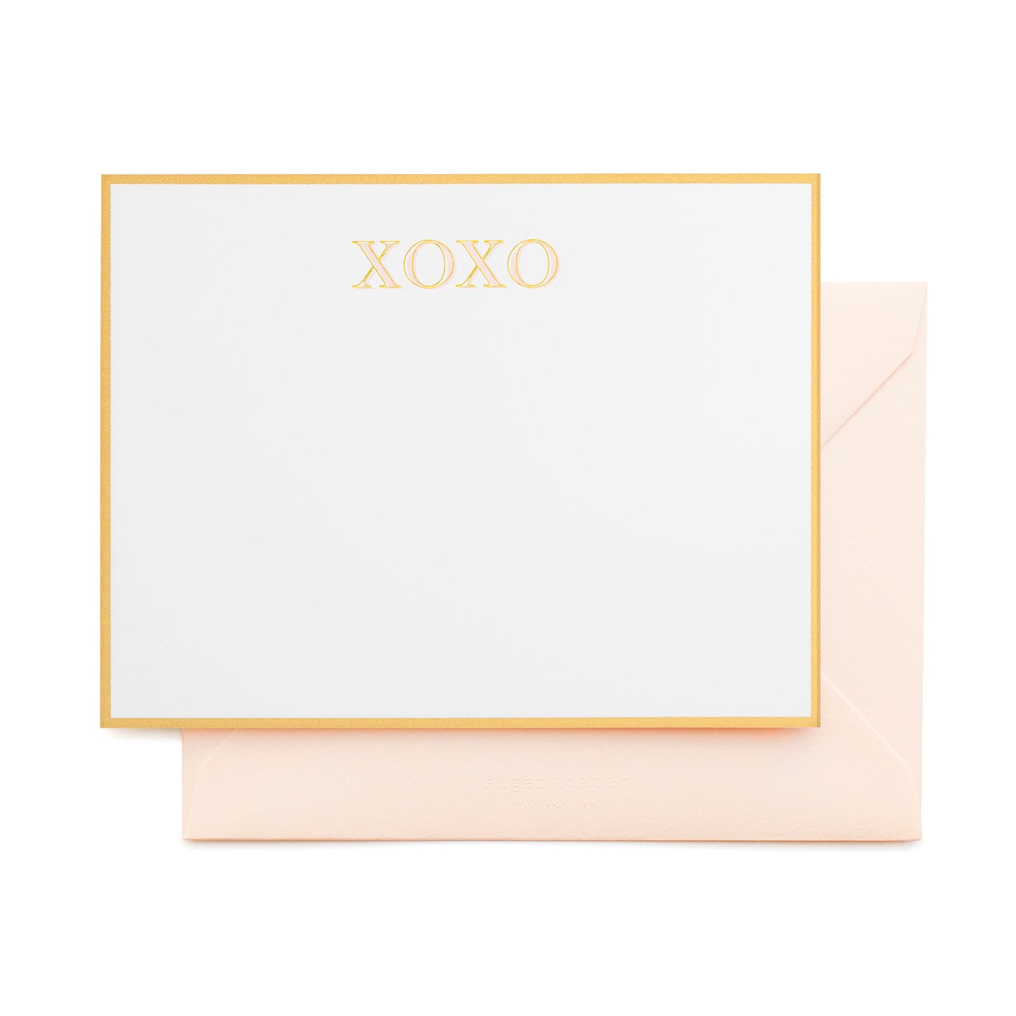 white cards with gold border and pink and gold XOXO note set, pale pink envelopes