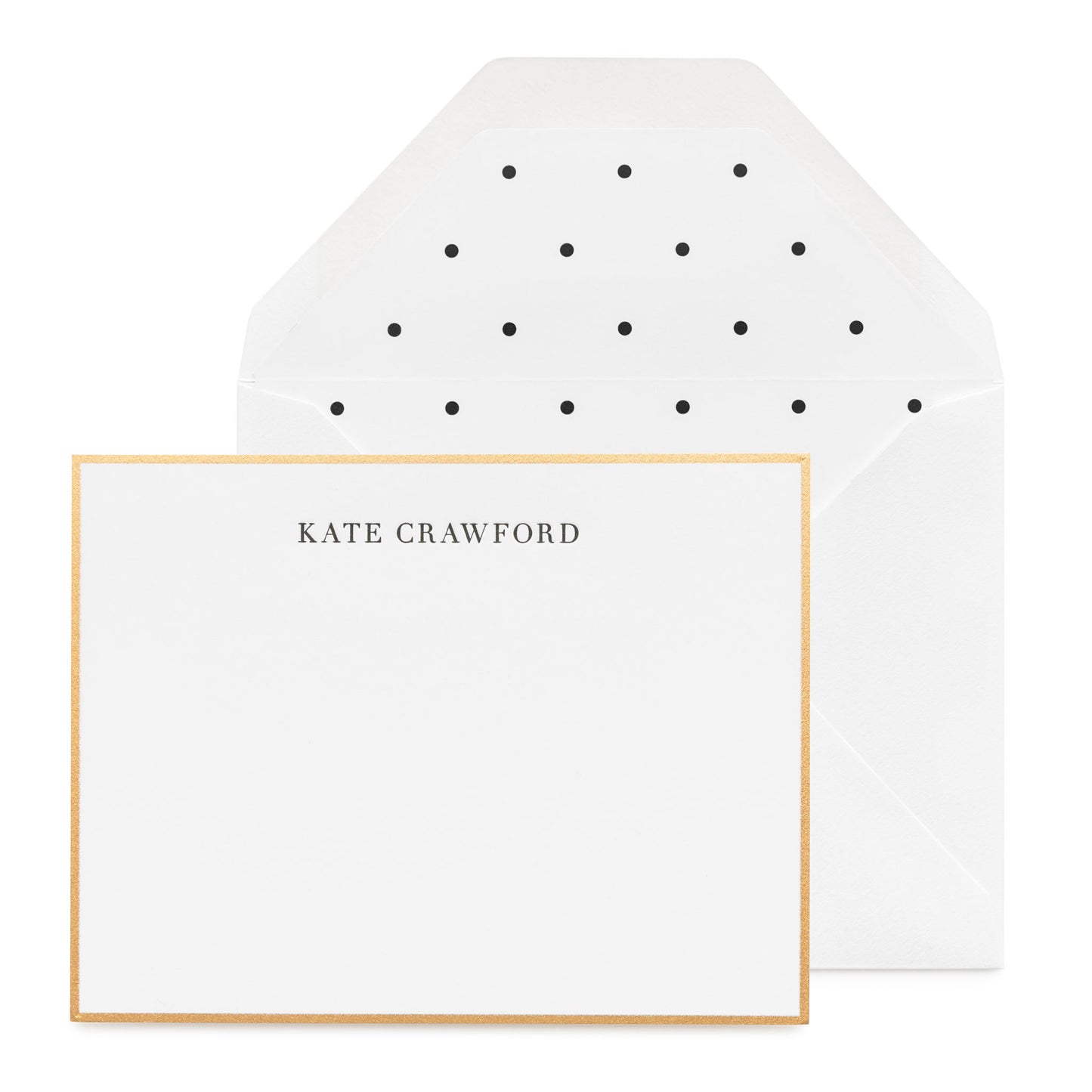 Black and white custom stationery with gold border and black polka dot liner