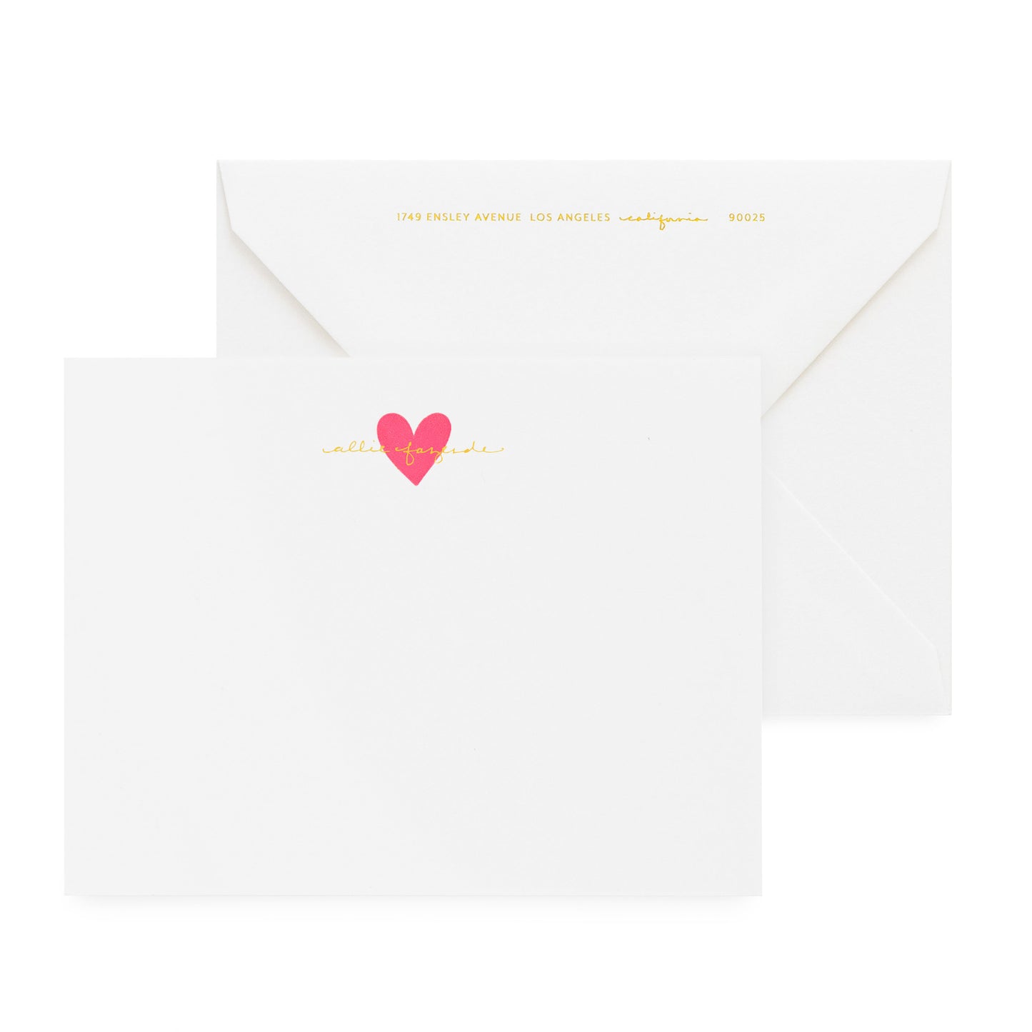 white card with neon heart and gold foil text, white envelope text,