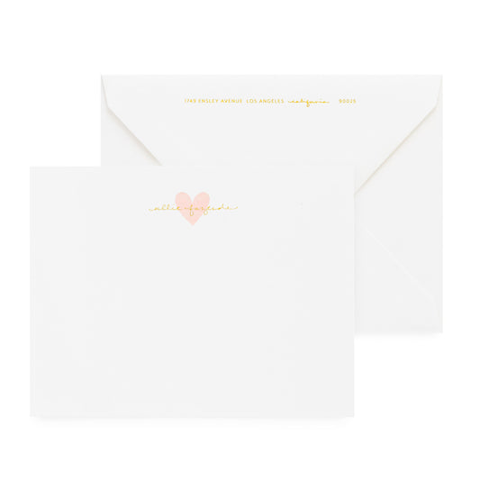 white card with pale pink heart and gold foil text, white envlope