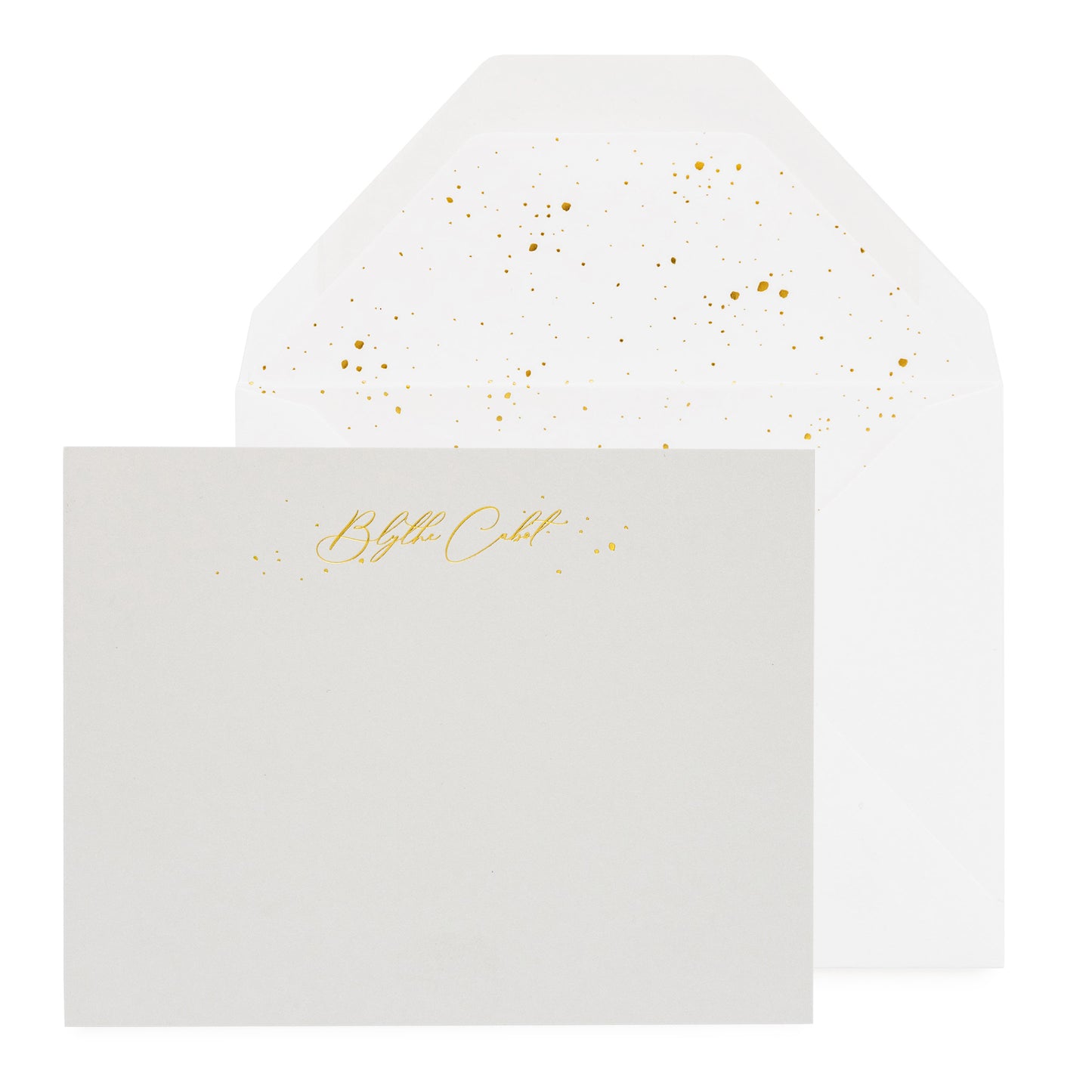 Grey stationery set with gold foil script name and gold splatter dot envelope liner