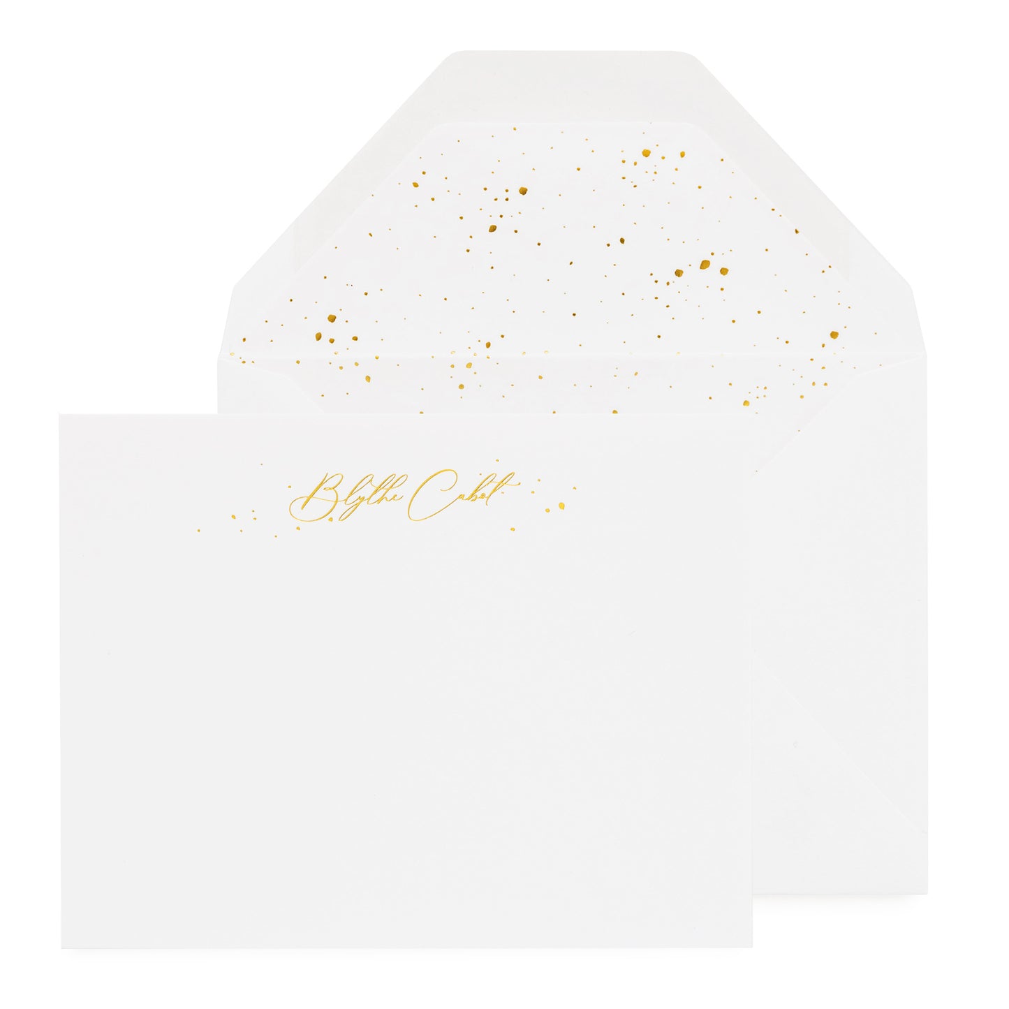 White stationery set with gold foil script name and gold splatter dot envelope liner