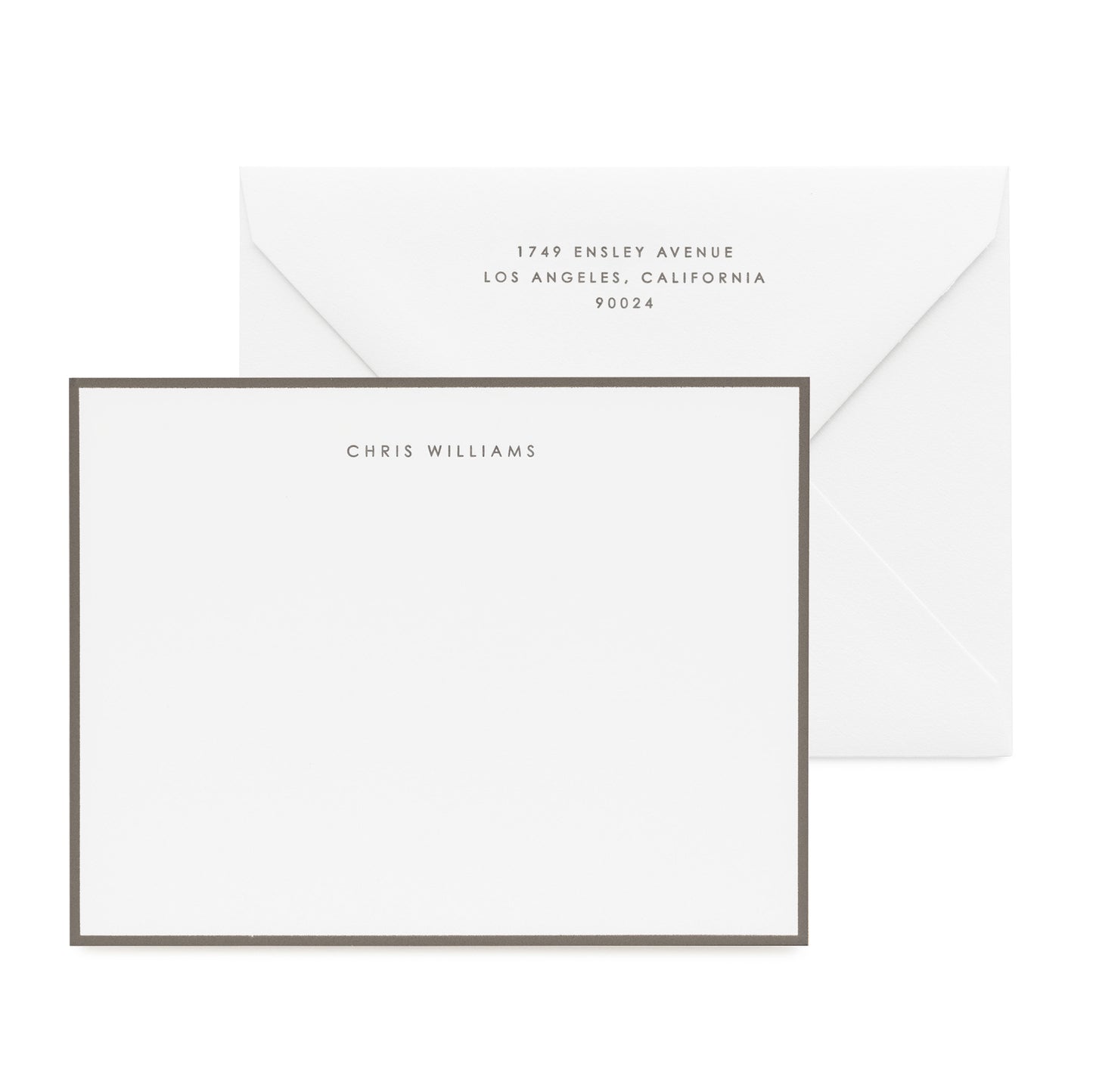 Classic men's stationery set printed in dark grey letterpress with a dark grey painted border