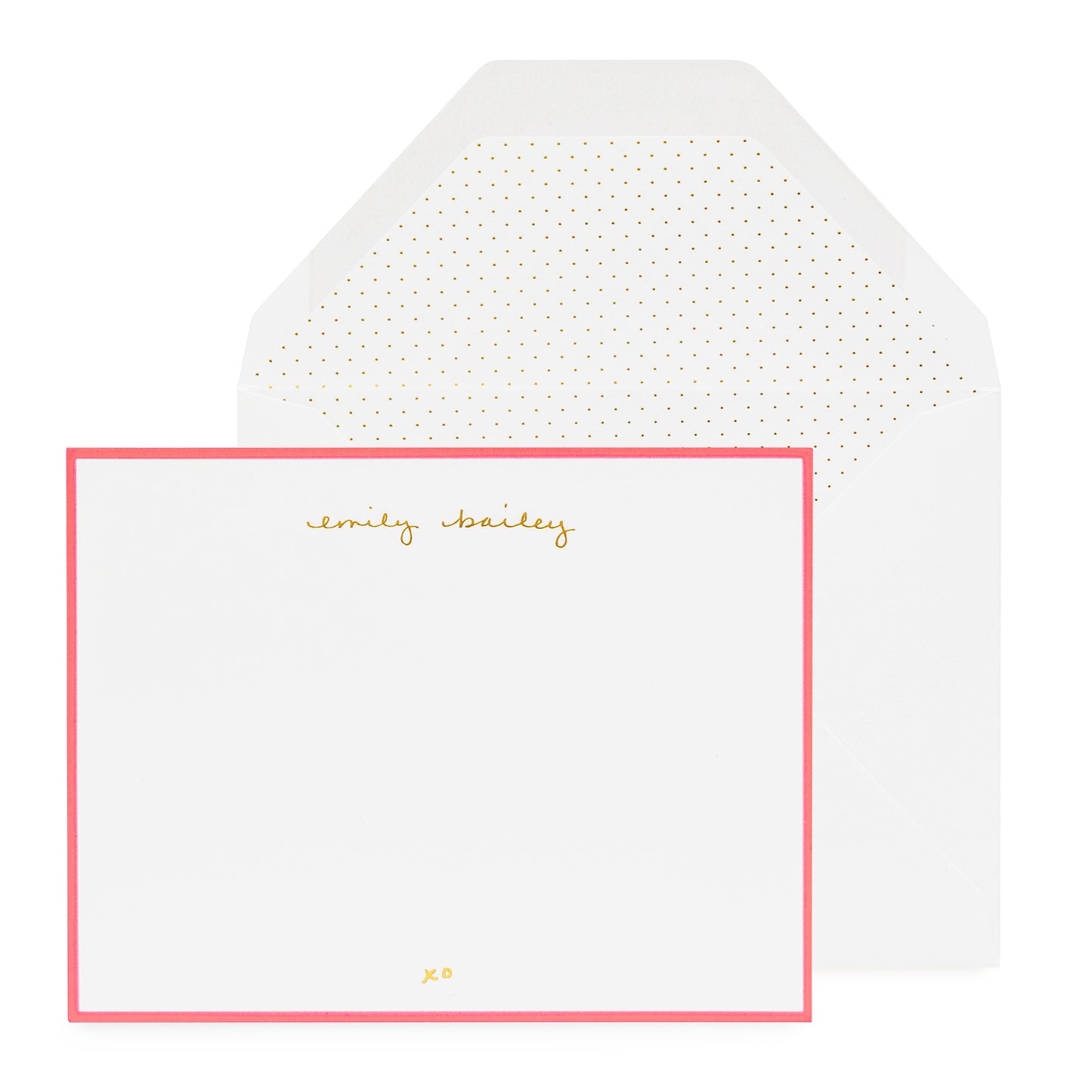 Personalized stationery with gold foil name and neon coral border