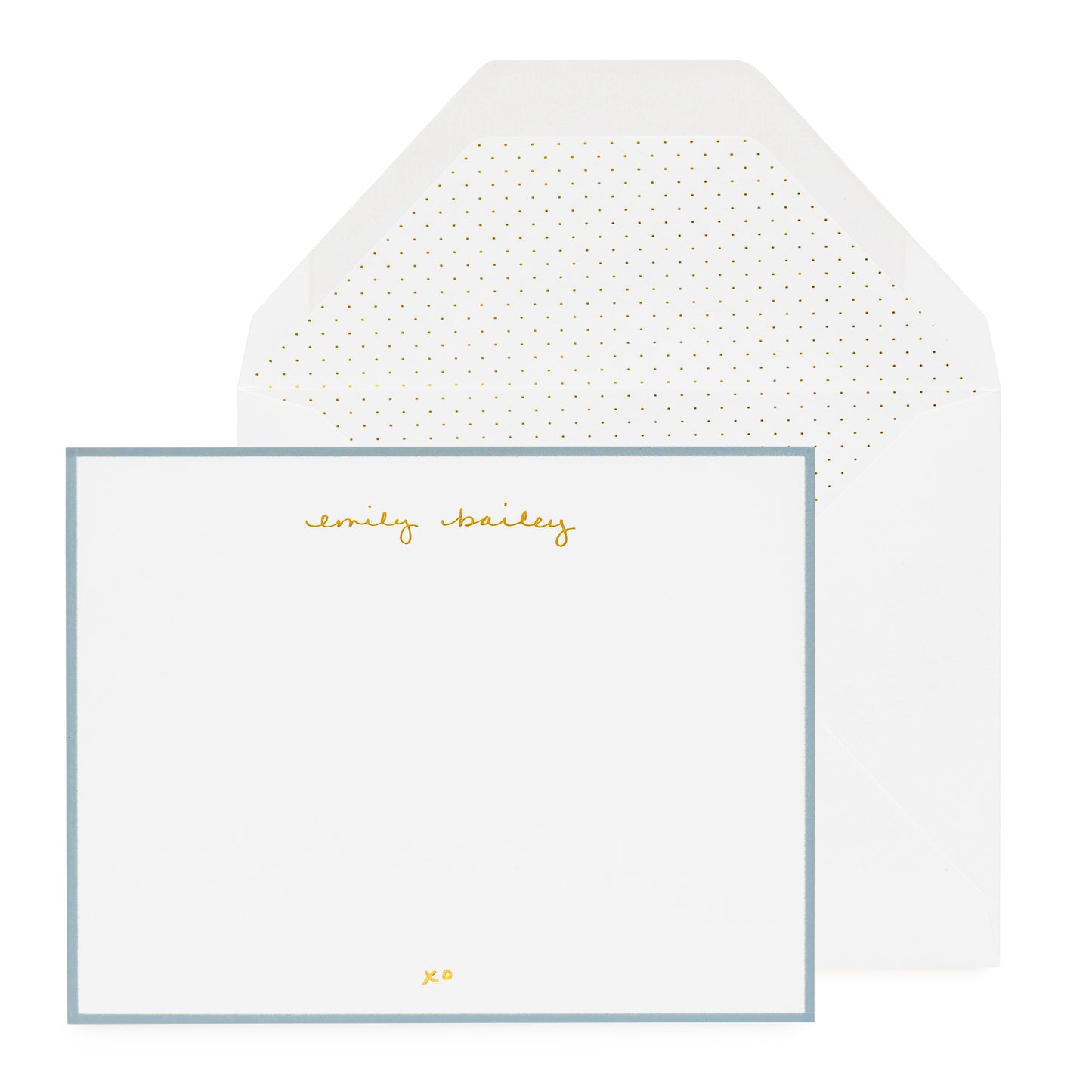 Personalized stationery with gold foil name and blue border