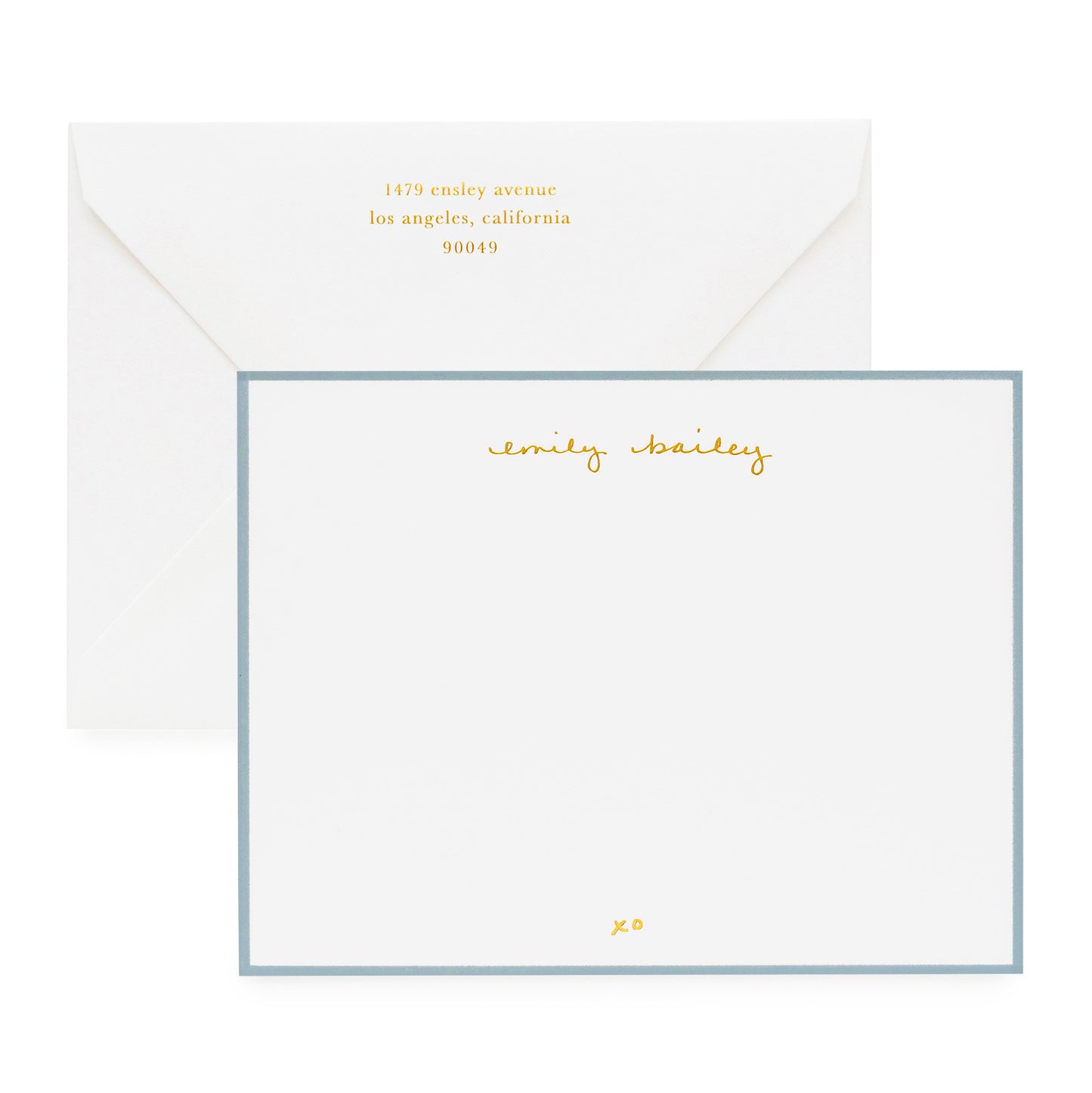 Personalized stationery with gold foil name and address and blue border