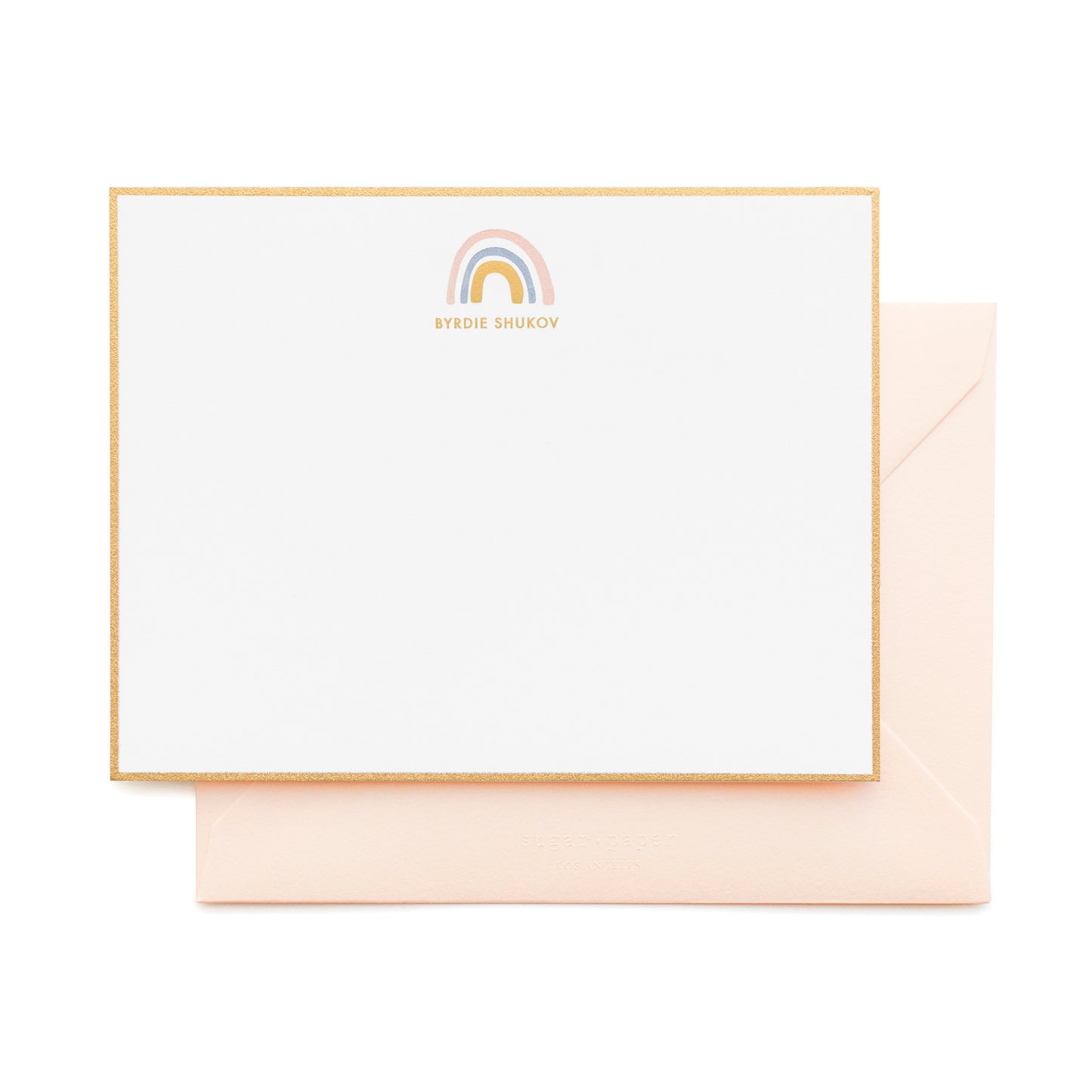 Rainbow custom stationery with gold border and pink envelope