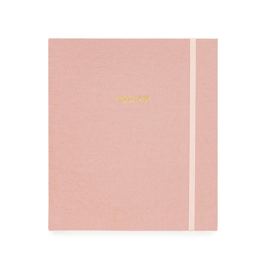 rose linen mindful journal with pale pink elastic band and gold foil today