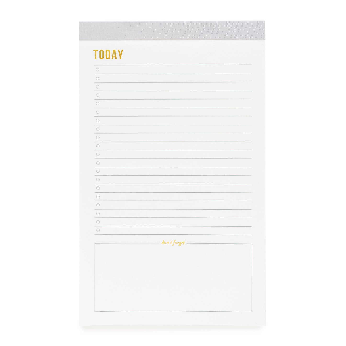 Today notepad with grey binding and gold foil details.