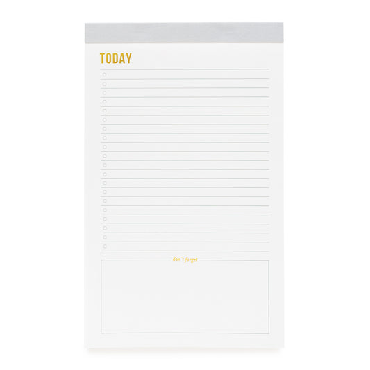 Today notepad with grey binding and gold foil details.