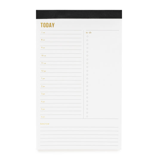 Black binding today planning pad with gold foil details.