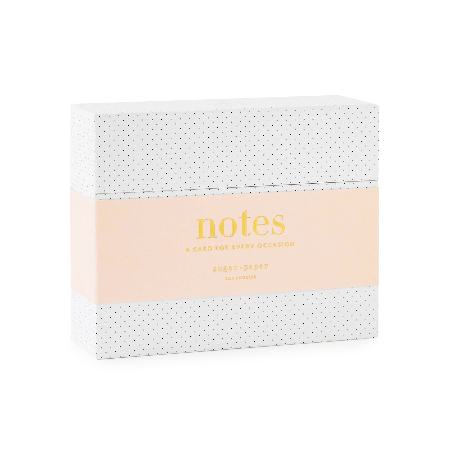 cards for every occasion box, white with black pindot print and pink band with gold foil letterpress