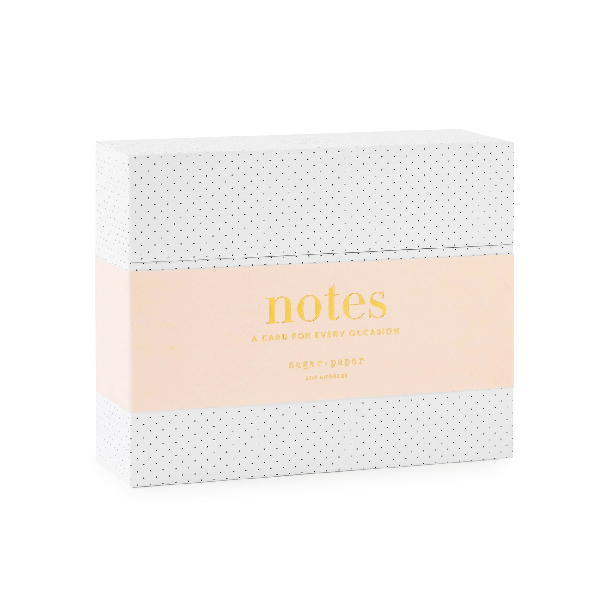 cards for every occasion box, white with black pindot print and pink band with gold foil letterpress