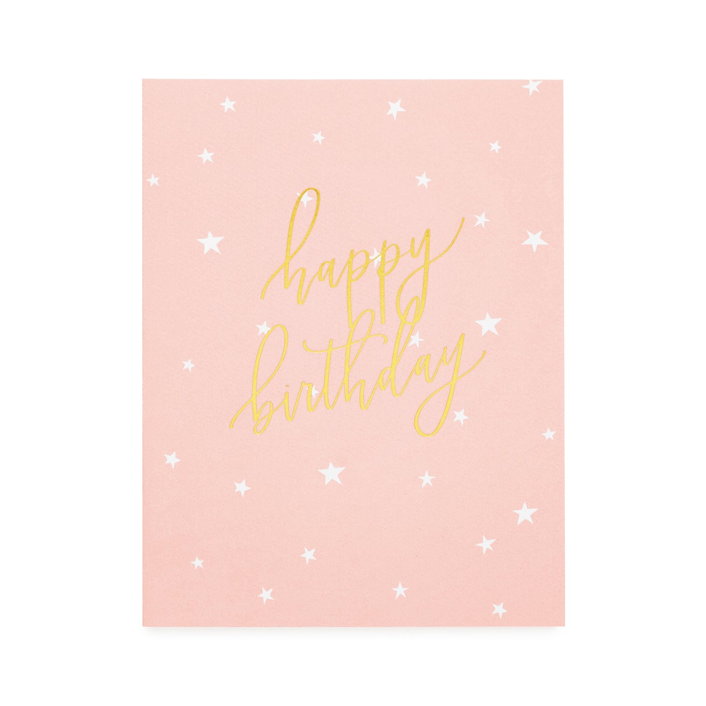 rose pink card with white scattered stars and gold script happy birthday