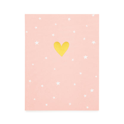rose pink card with white scattered stars and gold foil heart