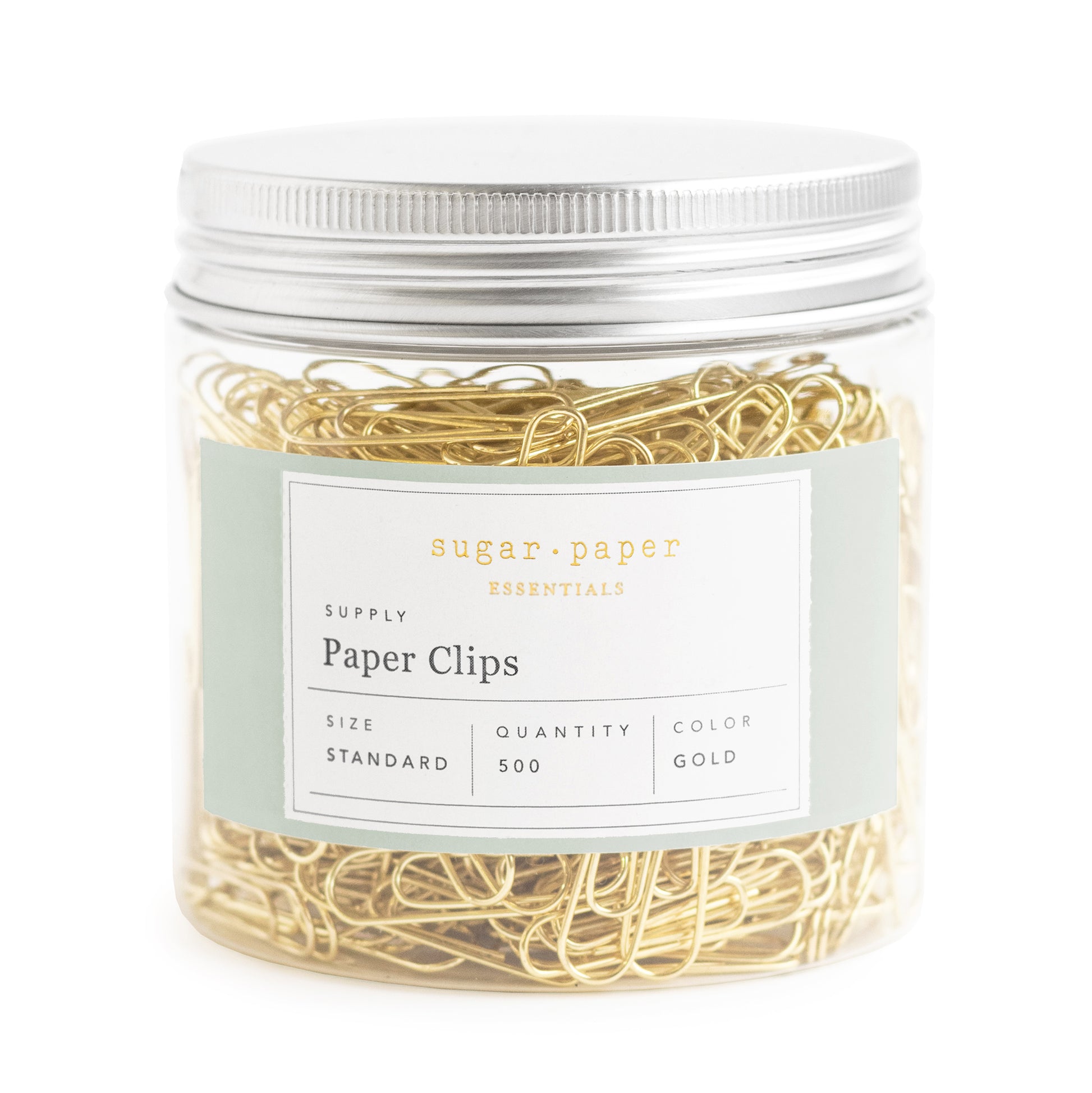 plastic jar of gold paper clips with silver lid