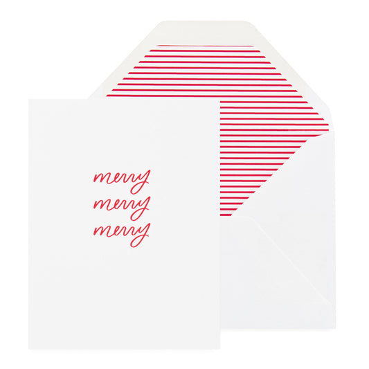 white card with red text, white envelope with red striped liner
