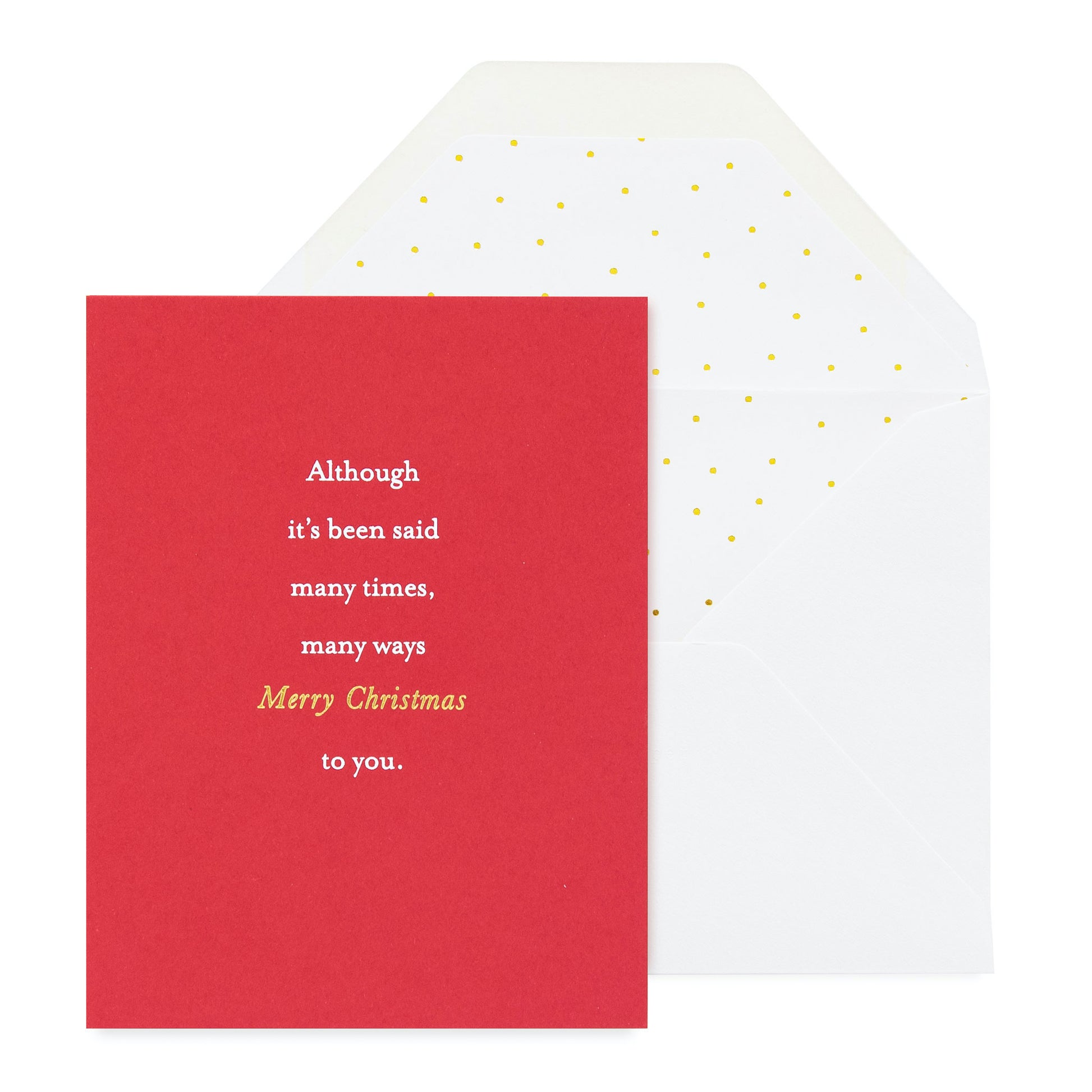 red card with white and gold foil text, white envelope with gold scattered dot liner