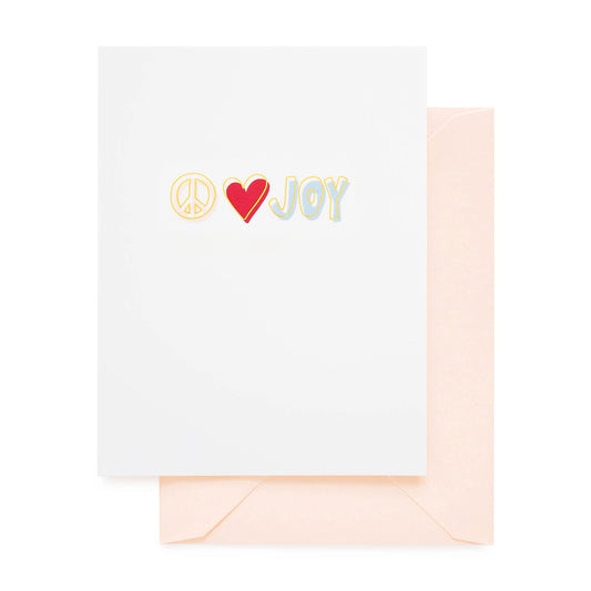 white card with pale pink, red, blue, and gold foil text, pale pink envelope
