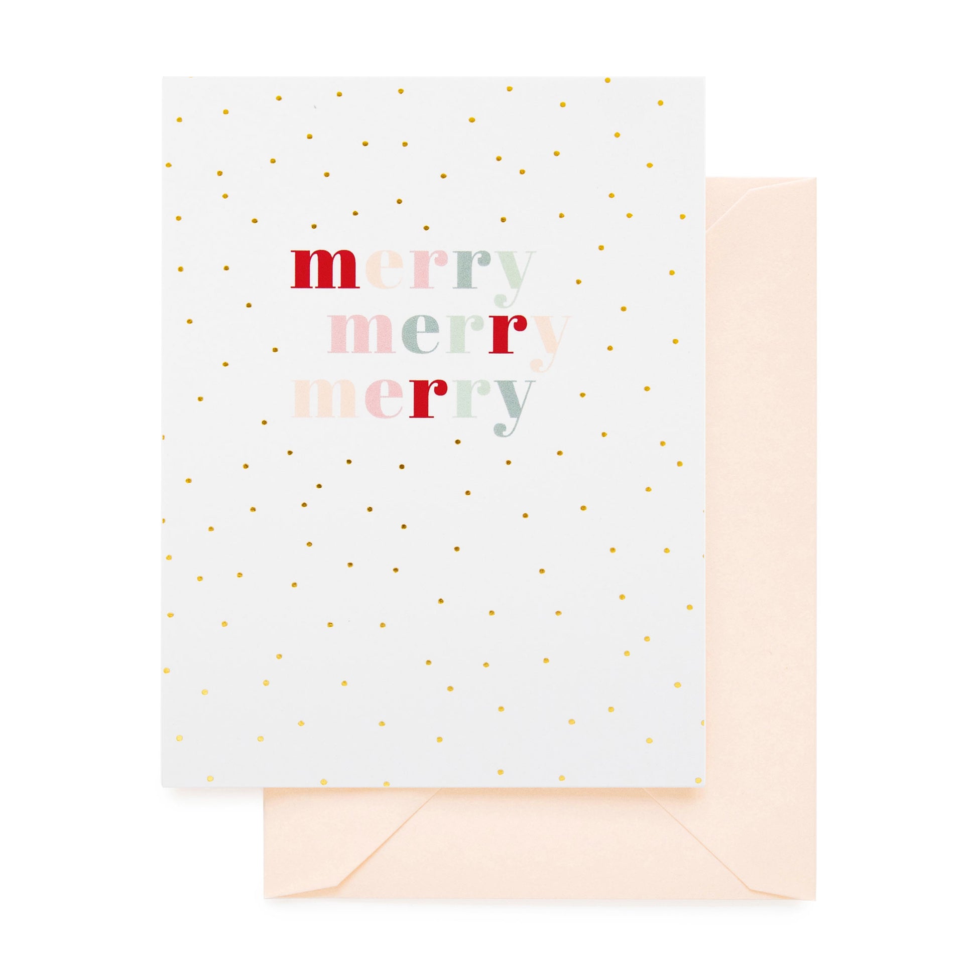 white card with multicolored and gold foil text, pale pink envelope