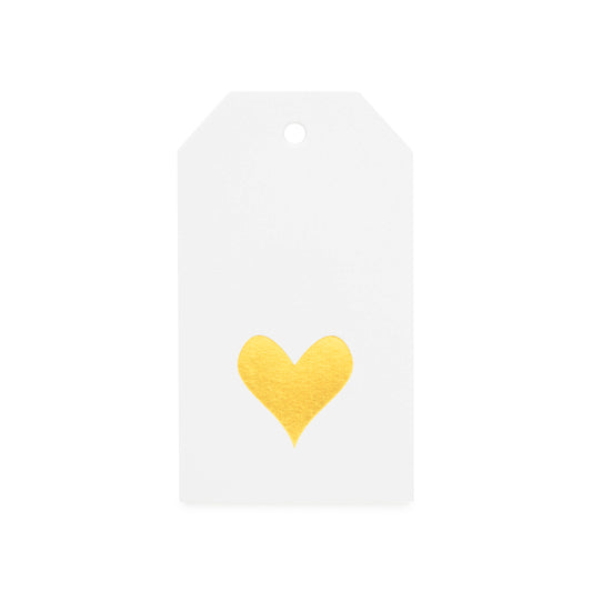 white tag with gold foil heart