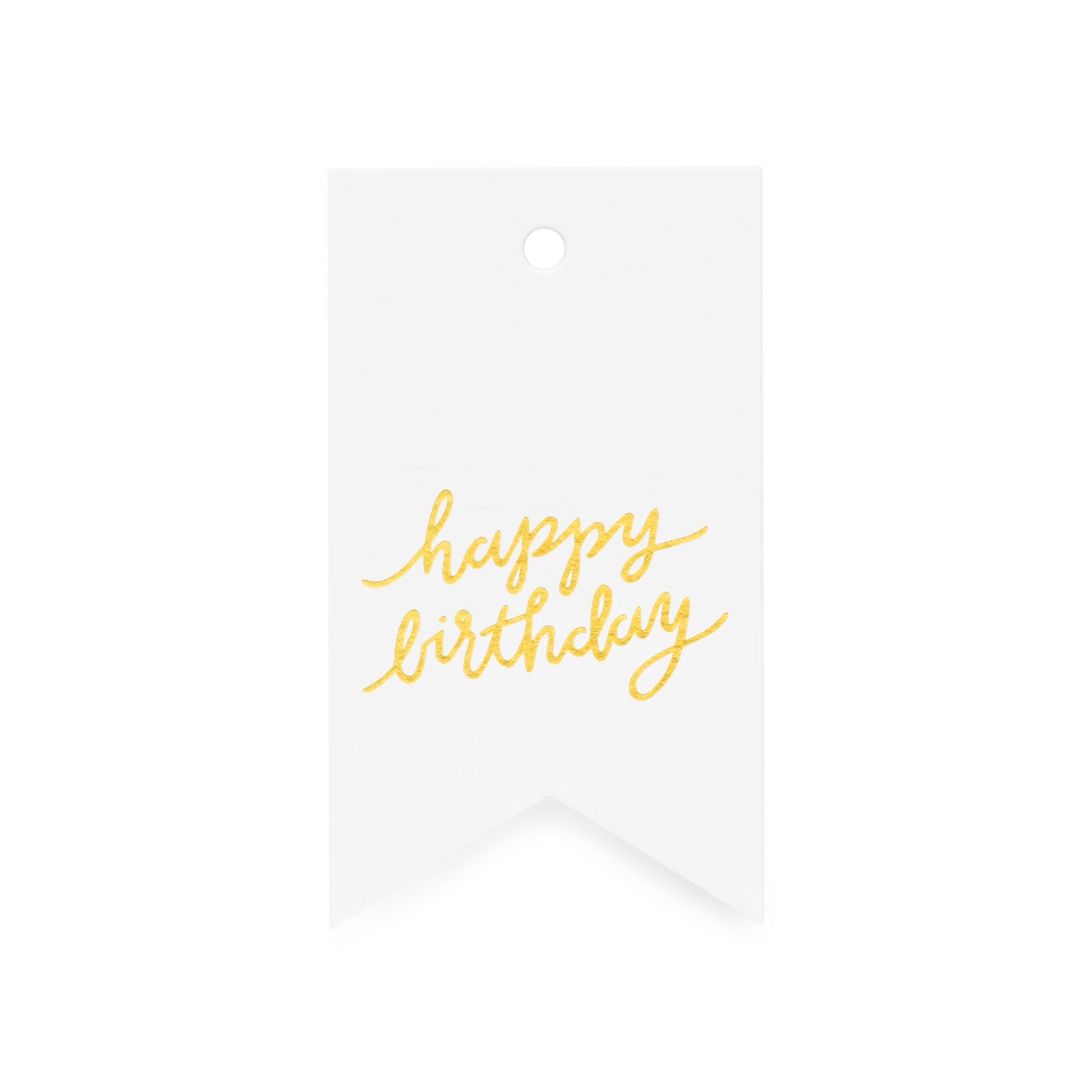 white gift tag with "happy birthday" in gold foil script