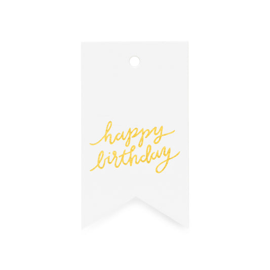 white gift tag with "happy birthday" in gold foil script