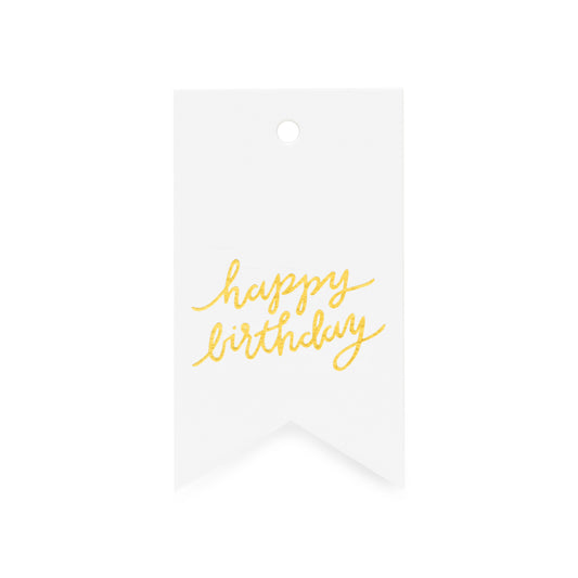 white gift tag with "happy birthday" in gold foil script