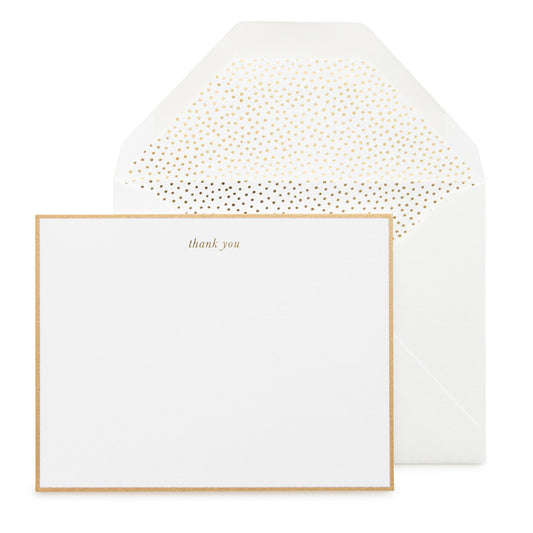 Gold Bordered Flat Note Card Set with gold thank you and gold scattered dot envelope liner.