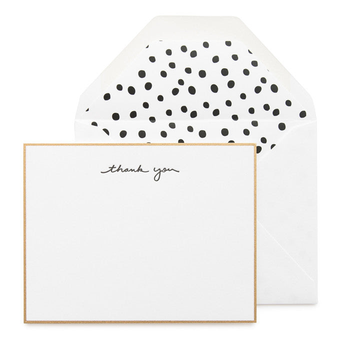 Gold Bordered Flat Note Card Set with black thank you and dalmation dot envelope liner.