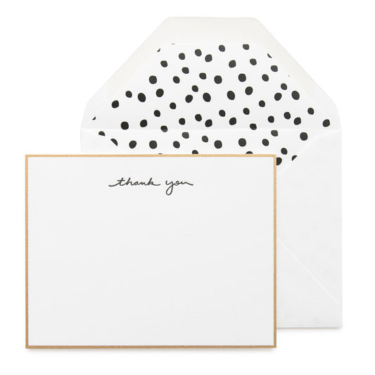 Gold Bordered Flat Note Card Set with black thank you and dalmation dot envelope liner.