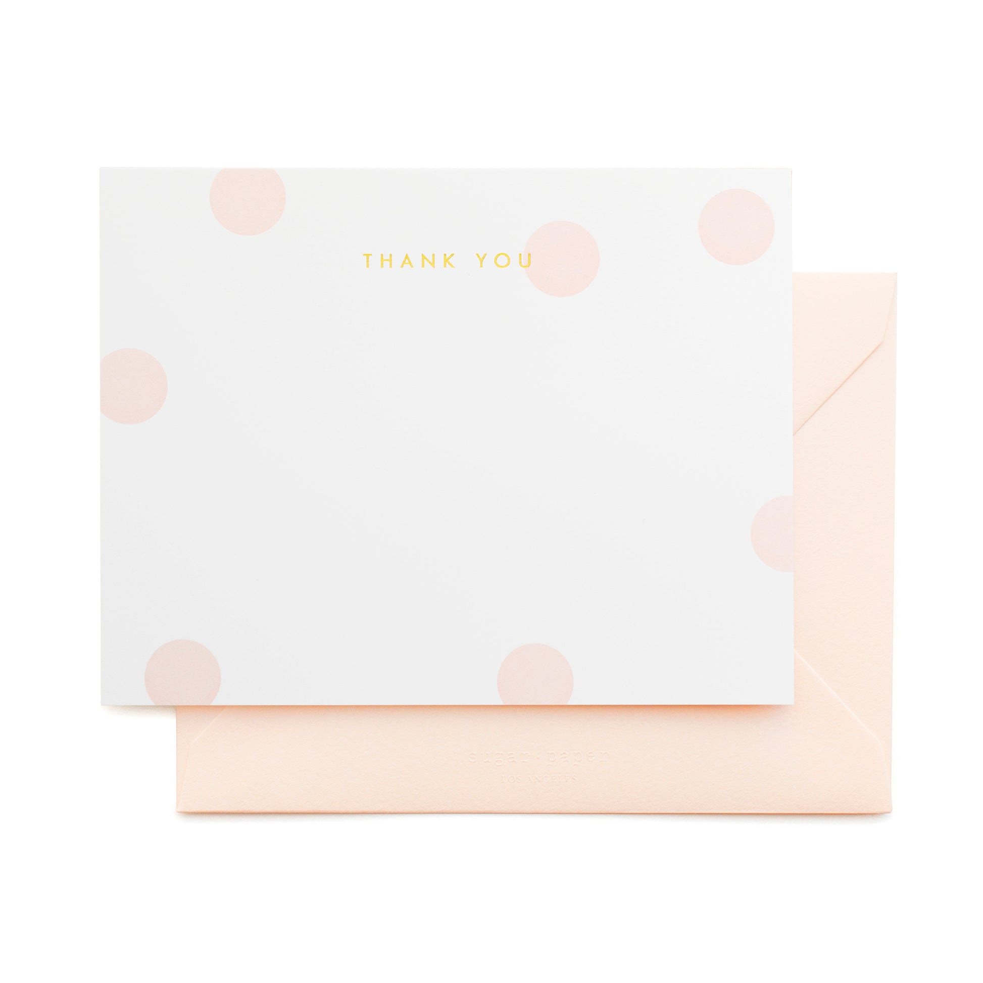 white card with large pale pink dots and gold foil thank you note set, pale pink envelopes