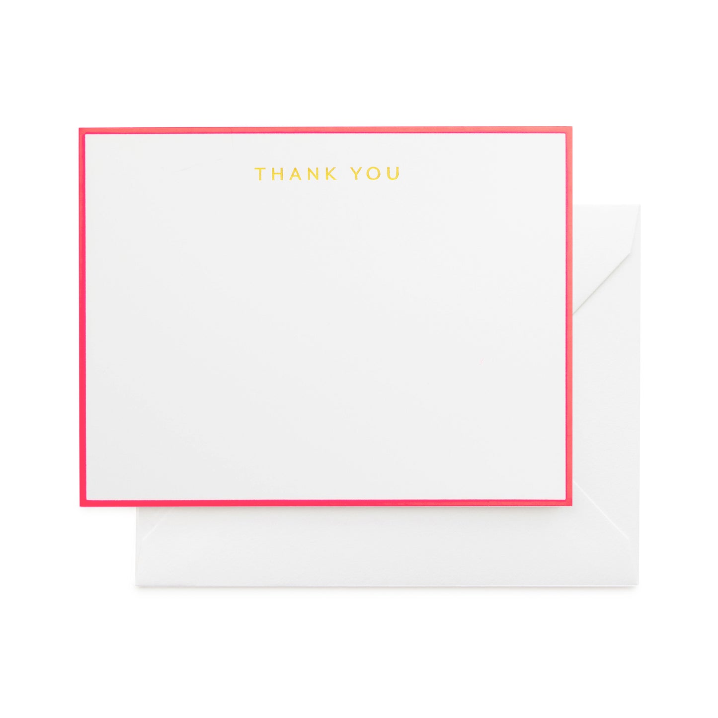 white cards with neon pink border and gold foil thank you note set, white envelopes