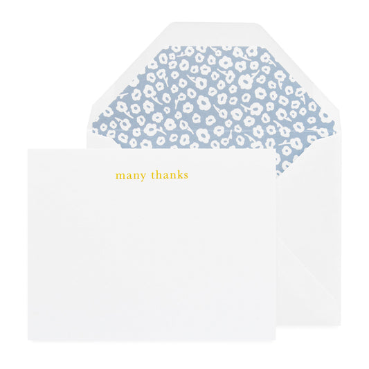 A boxed note card set with 'many thanks' printed in gold foil at the top, and a blue and white floral pattern on the inside of the envelope.