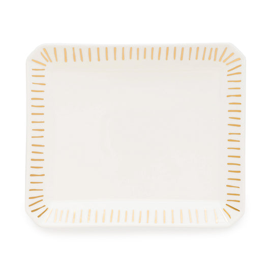 Large ceramic rectangular tray with gold dashed lines