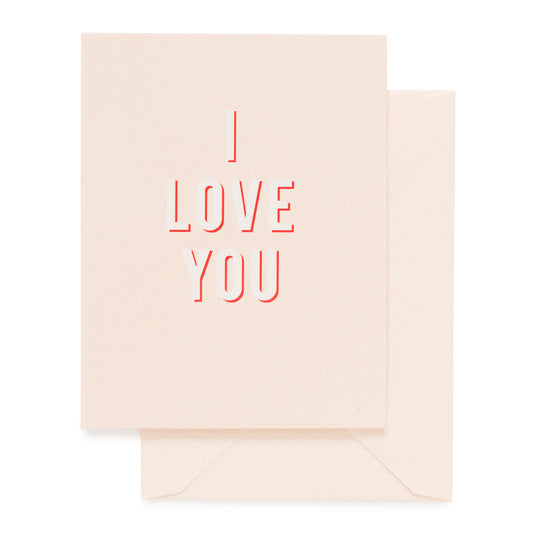 Pale pink card printed with red and white ink I LOVE YOU