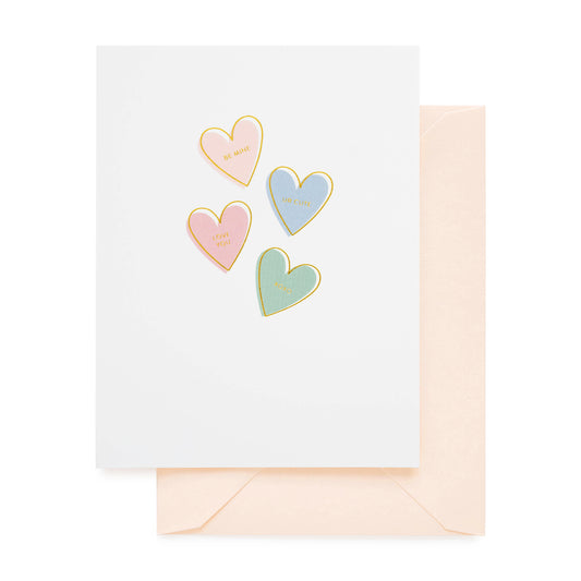 Colorful Candy conversation hearts printed on white card with pink envelope