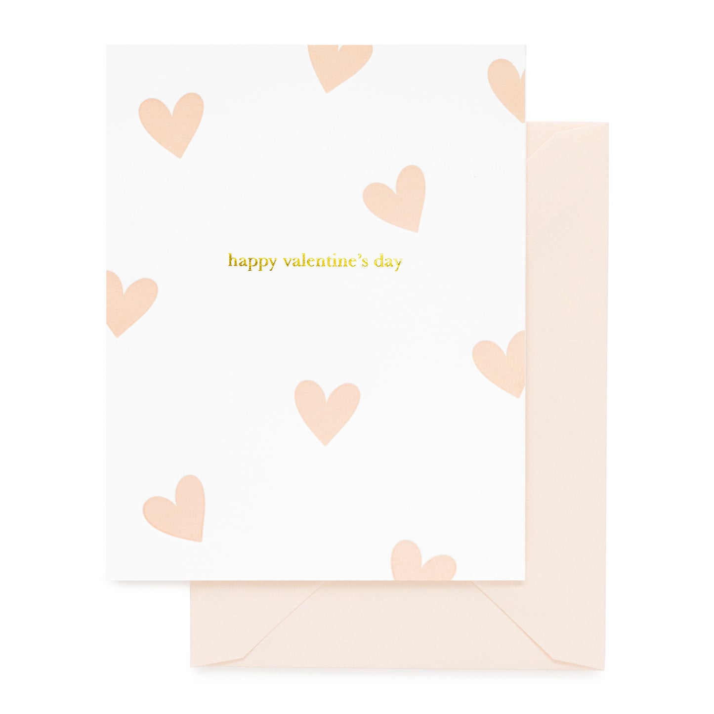 white card with gold text and pale pink hearts, pale pink envelope
