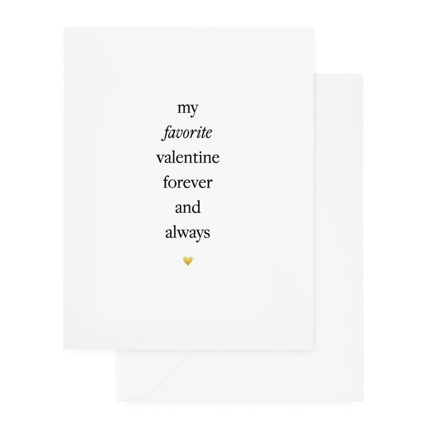 white card with black text and gold foil heart and white envelope