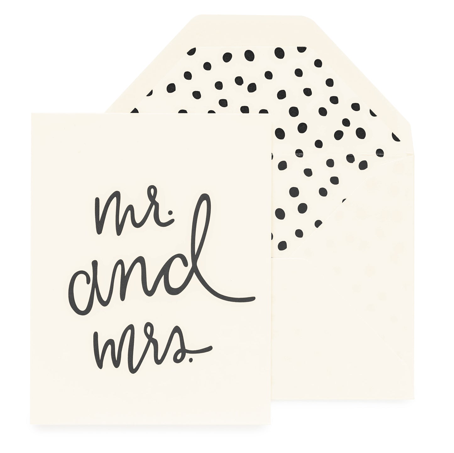 Cream and black card printed with Mr and Mrs with a brushed leopard dot liner