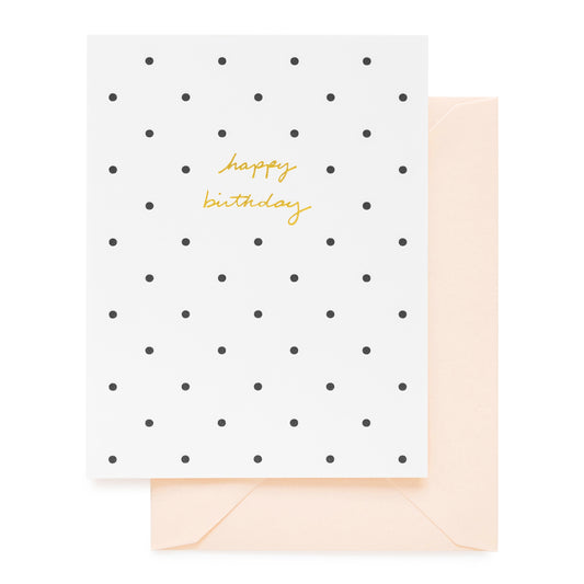 Black and white polka dot birthday card with pink envelope