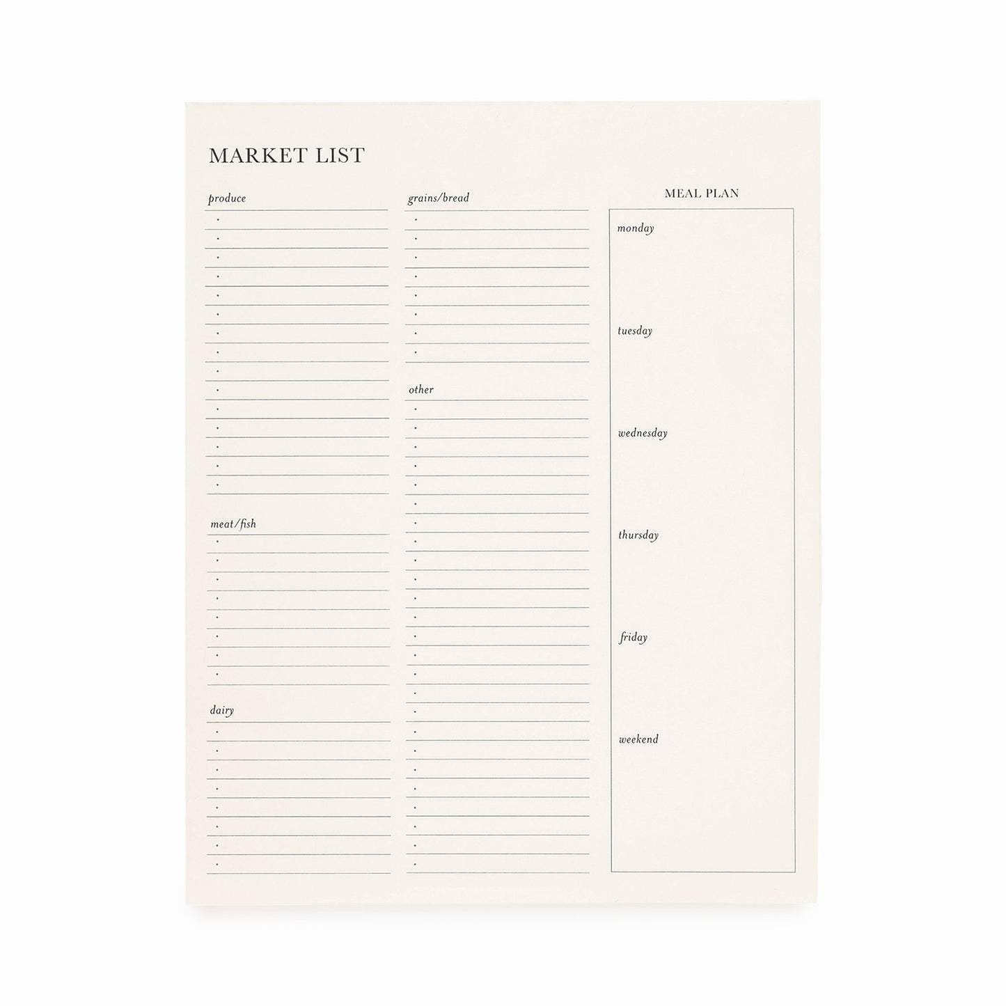 cream market list pad with black ink