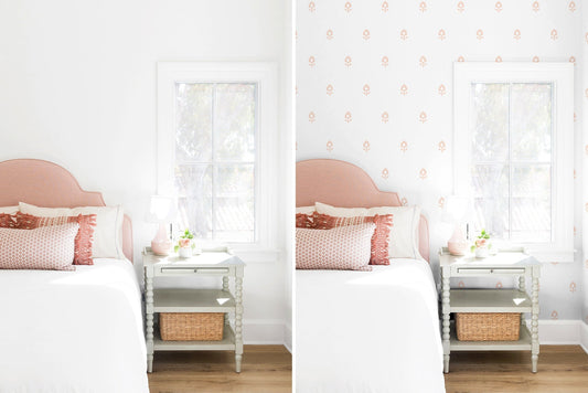 Pink and white bedroom with a blank white wall and pink floral wallpaper pattern