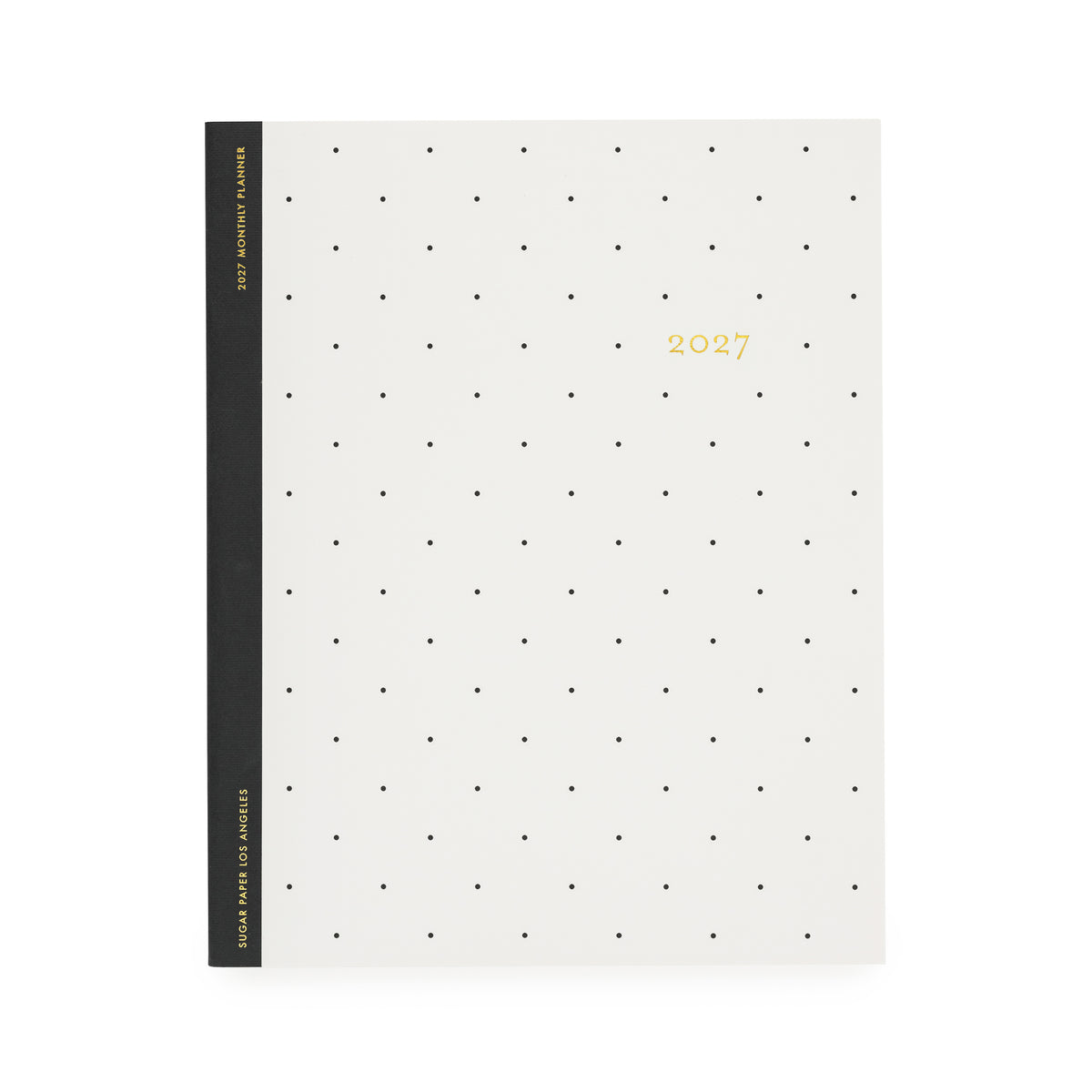 A minimalist 2027 monthly planner with a cream-colored cover decorated with a grid of small black dots and gold foil text with '2027' with a black tape binding
