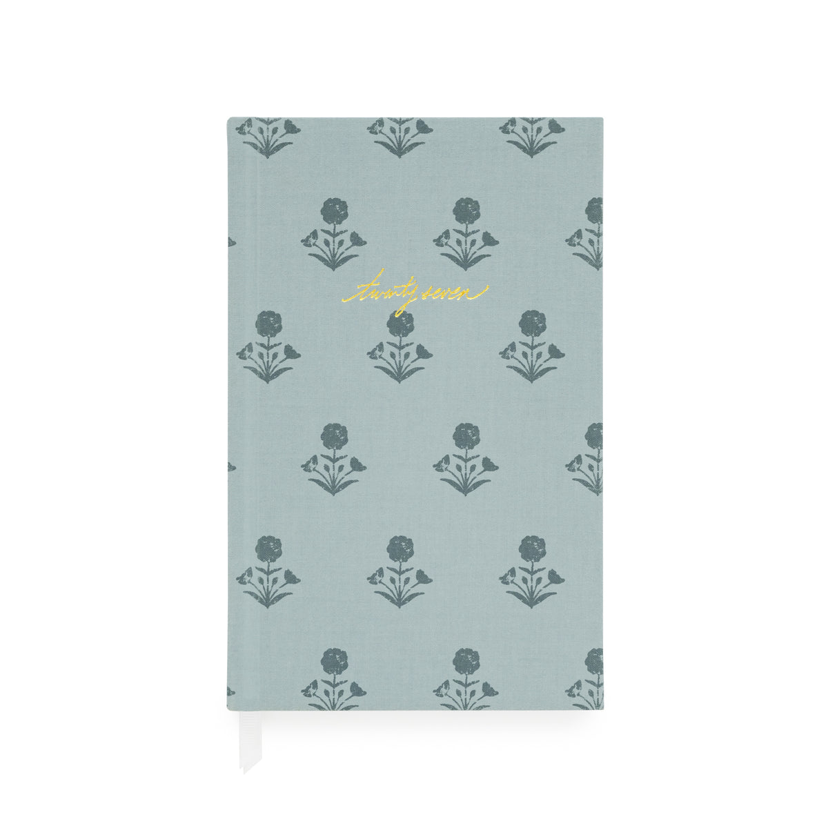 Fabric bound agenda with a dusty blue fabric and dark blue floral pattern with 'twenty-seven' foil stamped on the cover with two white ribbon markers