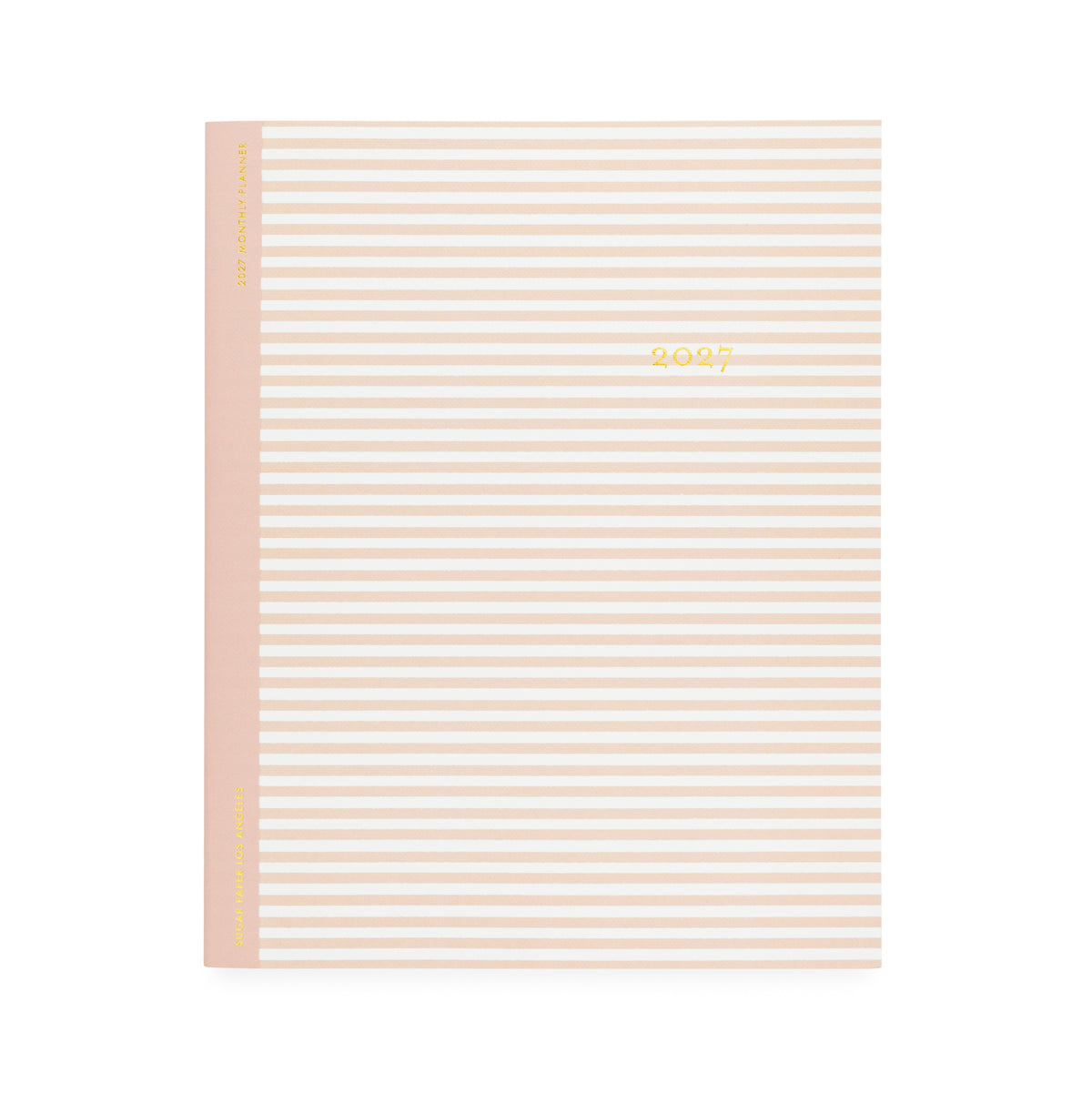 A flat monthly planner with a white and blush pink stripe pattern with '2027' stamped on cover in gold foil with a rose pink tape binding