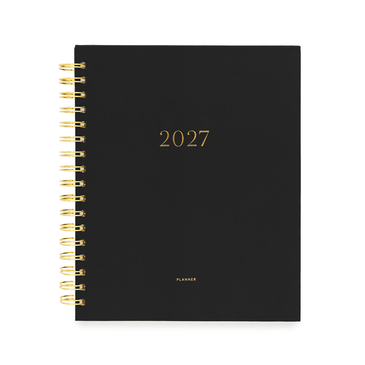 A black 2027 spiral-bound planner with gold foil lettering and a gold wire binding